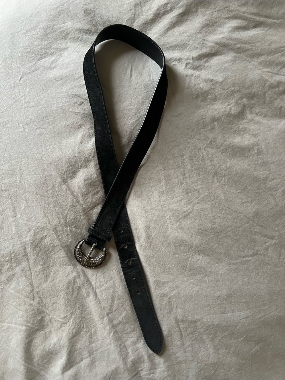 Sézane Black Suede Belt with Ornate Silver-Tone Buckle